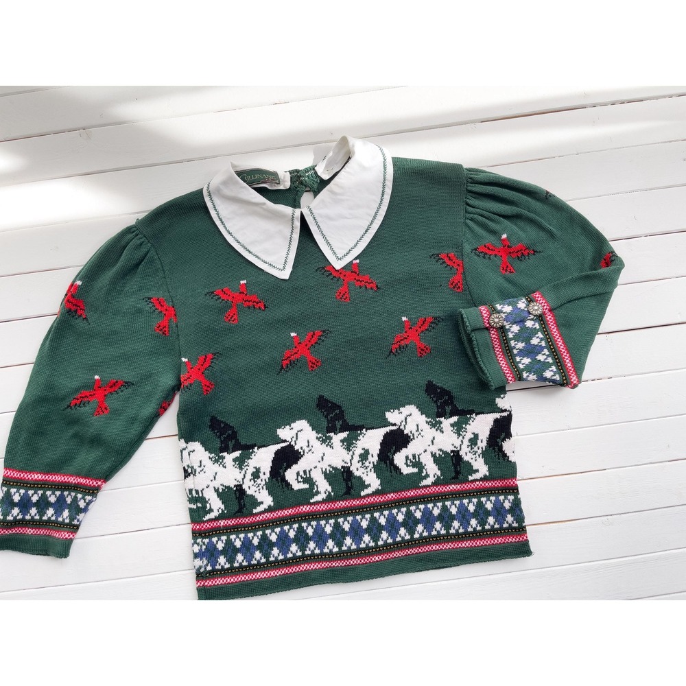 vtg Cullinane green bird dog knit sweater‎ size S